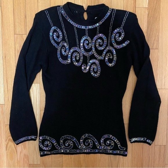 Vintage Angora Wool Silk Blend Bedazzled Embroidered Sequins Cozy Sweater Large - Picture 12 of 14